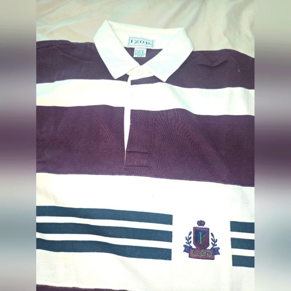 Vintage Izod Men's Purple, White And Green Striped Casual Polo Shirt Size M